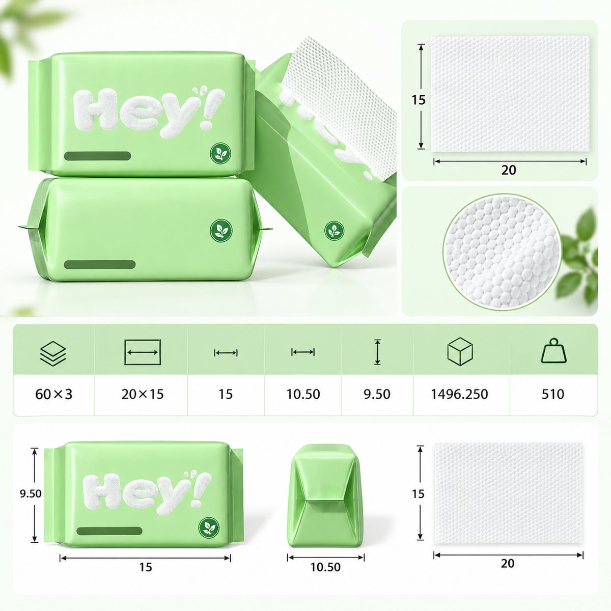 Disposable Facial Towel – Pull-Out Design, Wet & Dry Dual Use, 60 Sheets × 3 Packs, 20×15 cm